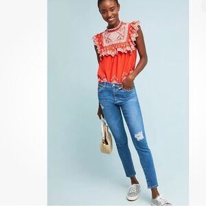 AG x Anthro 31R The Stevie Slim Straight Ankle Distressed Stretch Blue Jeans